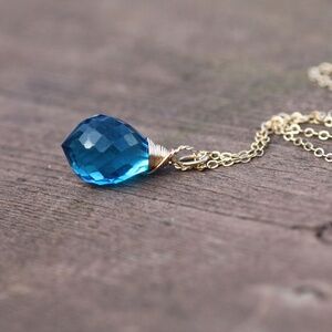 Handmade Swiss Blue Topaz Pendant 14k Yellow Gold Filled , December Birthstone